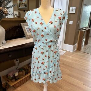 Floral Faux Wrap Dress - Light Blue with Red Flowers